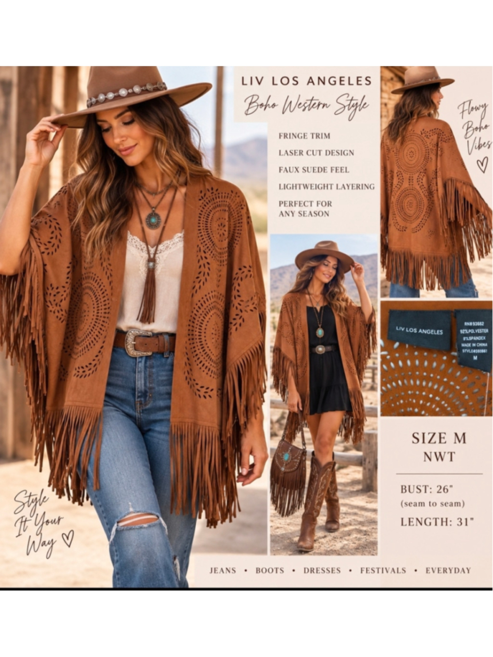 Women's Liv Los Angeles Boho Western Faux Suede Fringe Poncho Brown Size Medium